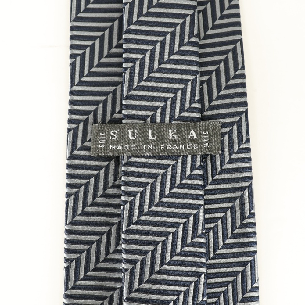 SULKA 100% Silk Neck Tie Blue Gray Herringbone Pattern Made in France - Picture 3 of 8